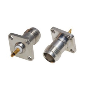 conector tnc hembra para chasis de 4 perforaciones de 13 mm, terminal soldable, bronce blanco/ oro/ teflón.
