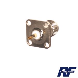 conector tnc hembra para chasis de 4 perforaciones de 13 mm, terminal soldable, níquel/ oro/ teflón.