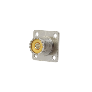 conector uhf hembra (so 239), para montaje en chasis con 4 perforaciones a 18 mm, terminal soldable, níquel/ plata/ delrin.