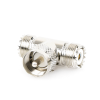 adaptador en forma t, de conector uhf macho (pl 259) a doble uhf hembra (so 239), níquel/ plata/ delrin.