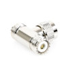 adaptador en forma t, de conector uhf macho (pl 259) a doble uhf hembra (so 239), níquel/ plata/ delrin.