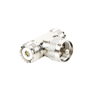 adaptador en forma t, de conector uhf macho (pl 259) a doble uhf hembra (so 239), níquel/ plata/ delrin.