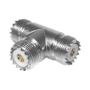 adaptador en forma t, de conector uhf hembra (so 239) a doble conector uhf hembra, níquel/ plata/ delrin.