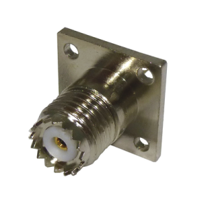 conector mini uhf hembra para montaje con 4 perforaciones a 13 mm en panel, níquel/ oro/ teflón.
