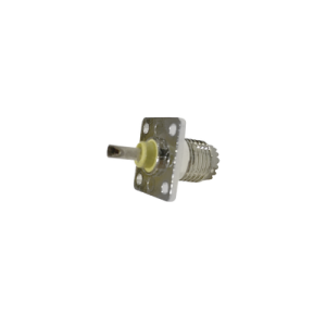 conector mini uhf hembra, de montaje en 4 perforaciones a 13 mm, níquel/ oro/ baquelita.