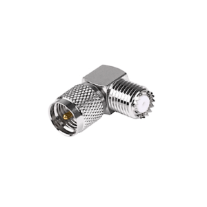 adaptador en Ángulo recto, de conector mini uhf macho a mini uhf hembra, cuerpo cuadrado, níquel/ oro/ teflón.