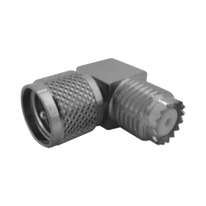 adaptador en Ángulo recto, de conector mini uhf macho a mini uhf hembra, cuerpo cuadrado, níquel/ estaño/ teflón.
