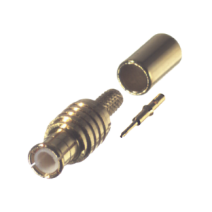conector mcx macho en línea, de anillo plegable en cable rg 174/u, oro/ oro/ teflón.