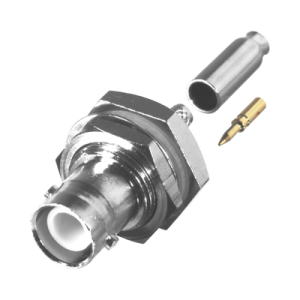 conector bnc hembra inverso de montaje trasero en panel, d plano, hermético de anillo plegable para rg 174/u, níquel/ oro/ teflón.