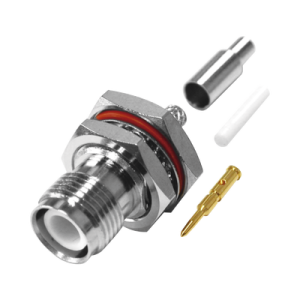 conector tnc hembra inverso de montaje trasero en panel, d plano, hermético de anillo plegable para rg 316/u, níquel/ oro/ teflón.