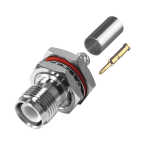 conector tnc hembra inverso de montaje trasero en panel, d plano, chaflán en rosca a 45 grados, hermético de anillo plegable para rg 58/u, níquel/ oro/ teflón.