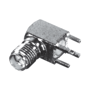 conector sma hembra inverso en Ángulo recto con pin terminal y 4 patas para montaje pcb coaxial, oro/ oro/ teflón.