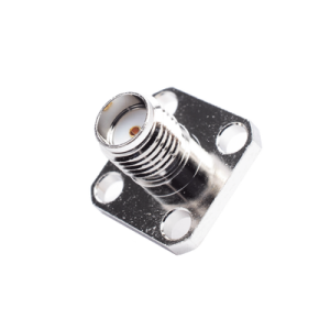 conector sma hembra, montaje de panel cuadrado, 4 perforaciones, soldable, niquel/ oro/ teflón.