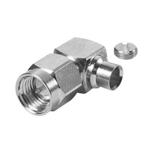 conector sma macho en Ángulo recto para cable semi rígido de 0.141" de diámetro, níquel/ oro/ teflón.