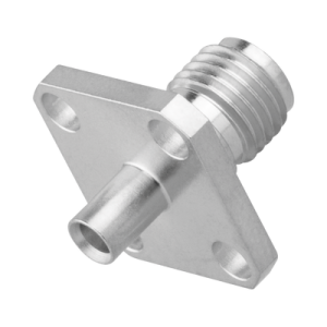 conector sma hembra, 4 hoyos en panel de 13 mm, soldable en cable semi rígido de 0.047" diámetro, grupo sr0, ss oro/ oro/ teflón.