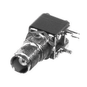 conector tnc hembra de rosca izquierda en Ángulo recto para montaje en pcb, troquelado, níquel/ oro/ delrin.
