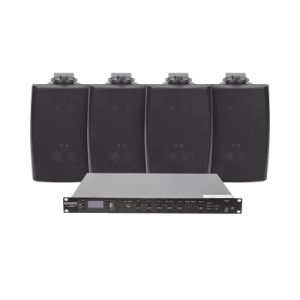 kit de amplificador de audio 120w para rack | 4 altavoces de pared color negro 2.5w 20w | sistema 70/100v