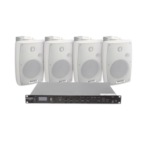 kit de amplificador de audio 120w para rack | 4 altavoces de pared color blanco 2.5w 20w | sistema 70/100v
