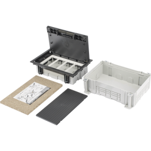 caja para instalación en pavimento para voz, datos o contactos eléctricos / capacidad para 4 módulos / espacio embellecedor en la tapa / profundidad ajustable de 70 a 100 mm / los módulos se adquieren aparte / incluye registro