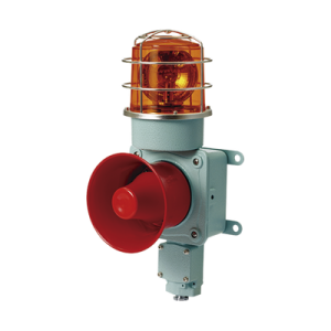 combinación de luz de advertencia giratoria color Ámbar con bocina eléctrica para aplicaciones de la industria a 24 vcd, máx. 120 db