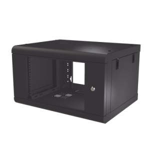 gabinete de pared de 6u con puerta de cristal templado, 479.5 mm de profundidad, rack de 19'', acero reforzado color negro.