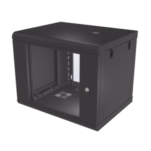 gabinete de pared de 9u con puerta de cristal templado, 479.5 mm de profundidad, rack de 19'', acero reforzado color negro.