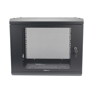 gabinete de pared de 9u con puerta perforada, 455 mm de profundidad, rack de 19'', acero reforzado color negro.