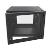 gabinete abatible de pared (con marco trasero) con rack 19" de 12 unidades. ventana de cristal templado.