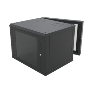 gabinete abatible de pared (con marco trasero) con rack 19" de 12 unidades. ventana de cristal templado.