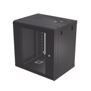 gabinete de pared de 12u con puerta de cristal templado, 479.5 mm de profundidad, rack de 19'', acero reforzado color negro.