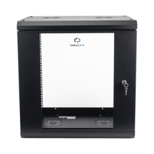gabinete de pared de 12u con puerta de cristal templado, 455 mm de profundidad, rack de 19'', acero reforzado color negro.