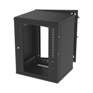 gabinete abatible de pared (con marco trasero) con rack 19" de 16 unidades. ventana de cristal templado.