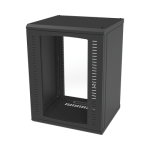 gabinete para montaje en pared, puerta de cristal templado, cuerpo fijo con rack 19" de 16 unidades