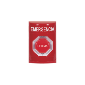 botón de emergencia, texto en español, color rojo, acción mantenida, girar para restablecer y led multicolor