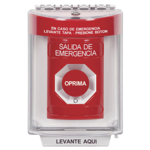 botón multipropósito, salida de emergencia, girar para reset, bocina integrada, español, cubierta de policarbonato, 2 relevadores no/nc, interior/exterior