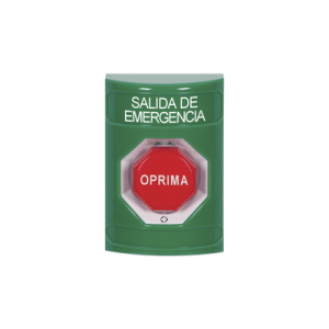 botón de salida de emergencia , texto en español, acción mantenida, girar para restablecer, led de iluminación