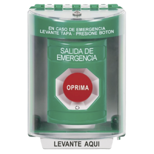botón multipropósito, salida de emergencia, girar para reset, español, cubierta de policarbonato, 2 relevadores no/nc, interior/exterior