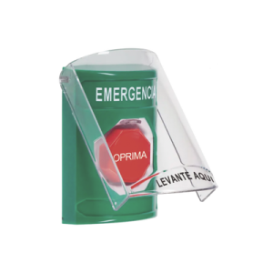 ​​botón multipropósito, color verde, de superficie, con tapa de policarbonato, con bocina pre alarma, solo interior, llave para restablecer, texto de emergencia, español