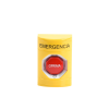 botón de emergencia en español, color amarillo, acción mantenida, girar para restablecer y led multicolor