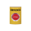 botón de emergencia en español, color amarillo, acción mantenida, girar para restablecer y led multicolor