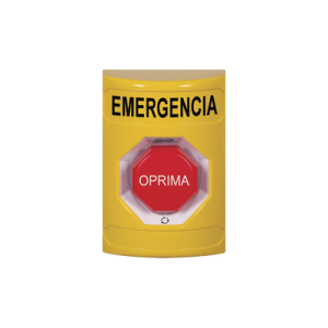 botón de emergencia en español, color amarillo, acción mantenida, girar para restablecer y led multicolor