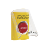 botón de apagado de emergencia, texto en español, tapa protectora de policarbonato súper resistente, restablecimiento con llave