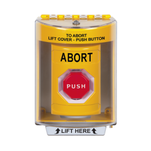 botón de abortar, texto en ingles, tapa protectora de policarbonato súper resistente, momentaneo