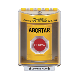 botón de abortar, texto en español, tapa protectora de policarbonato súper resistente, girar para restablecer