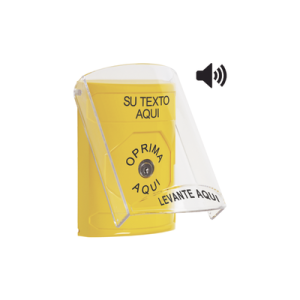 botón con texto personalizado, tapa protectora de policarbonato súper resistente, bocina integrada, llave para restablecer