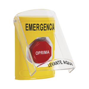 ​botón multipropósito, color amarillo, de superficie, con tapa de policarbonato, con bocina pre alarma, solo interior, llave para restablecer, texto de emergencia, español