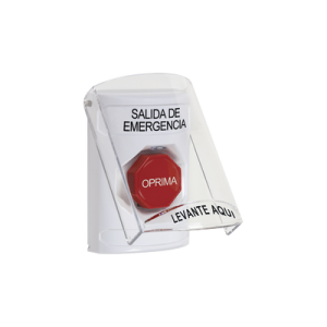 botón de emergencia, texto en español, tapa protectora de policarbonato súper resistente, restablecimiento con llave