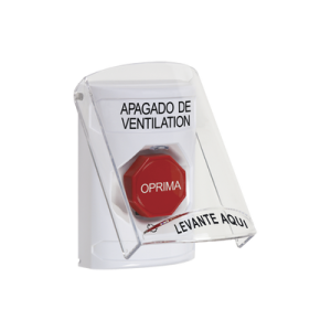 botón de apagado de ventilación, texto en español, tapa protectora de policarbonato súper resistente, girar para restablecer