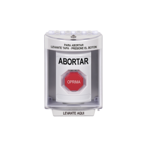 botón de abortar, bocina de advertencia integrada, texto en español, tapa protectora de policarbonato súper resistente con espaciador, restablecimiento con llave