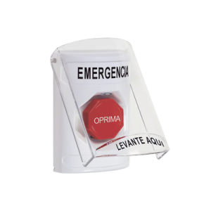 ​botón multipropósito, color blanco, de superficie, con tapa de policarbonato, con bocina pre alarma, solo interior, llave para restablecer, texto de emergencia, español